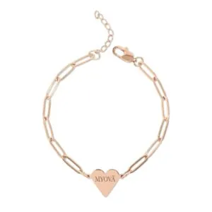 (HEART) Bracelet cœur trombone à graver — Breloque cœur personnalisée en or rose