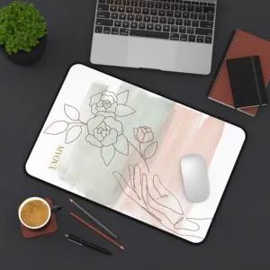 Tapis de bureau floral aquarelle rose poudré — Tapis de souris minimaliste illustré de roses