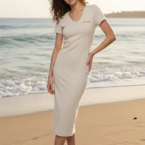 (SPRING) Robe longue à manches courtes et col en V pour femme